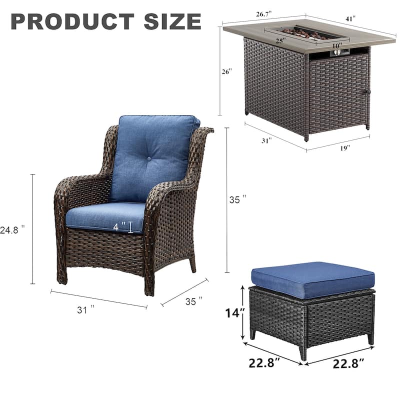 Outdoor Patio Chairs Ottoman with Fire Pit Table - Brown