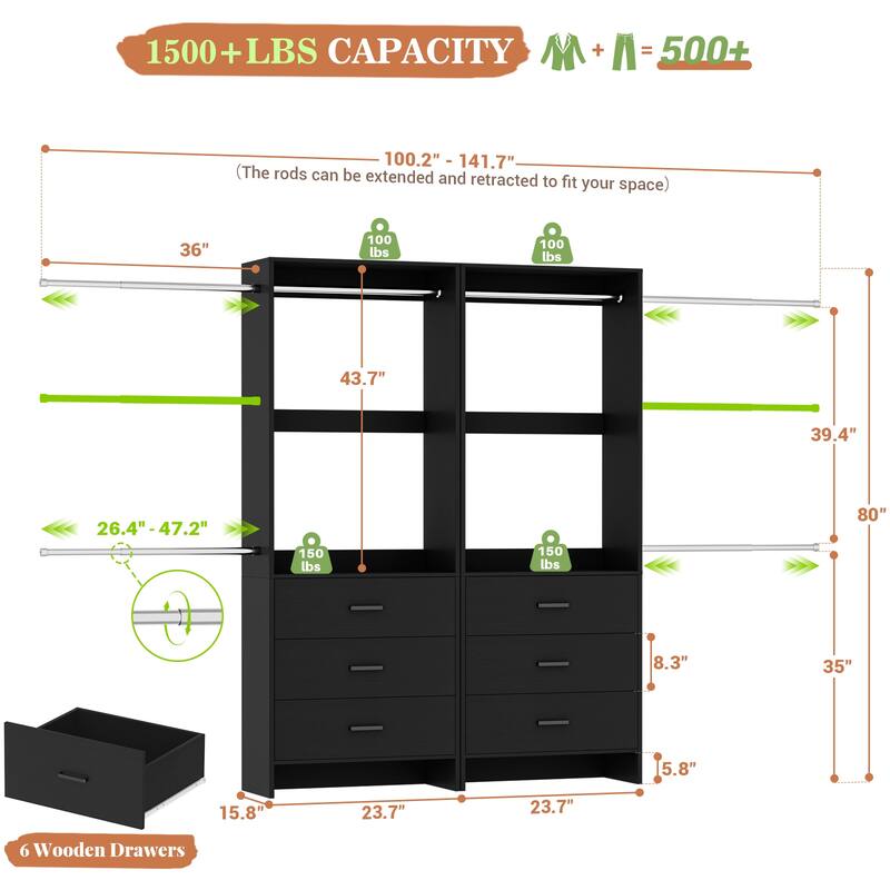 Cimly Set of 2 Closet Organizer System with Adjustable Hanging Rods and Drawers