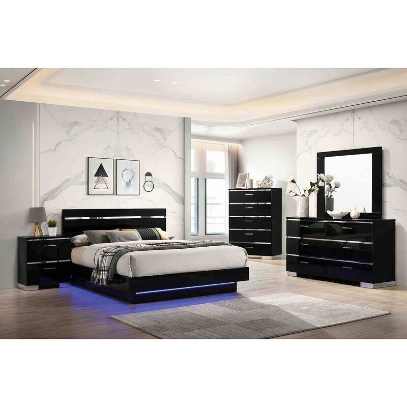 High Gloss Black Contemporary Platform Bedroom Set Bed Nightstand Mirror Dresser Chest