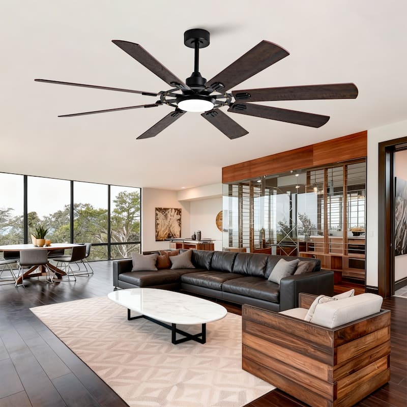 Large Ceiling Fan with Light: Modern 72-inch 8-Blade Outdoor Ceiling Fan with Remote Control - Black + Dark Walnut - Black + Dark Walnut