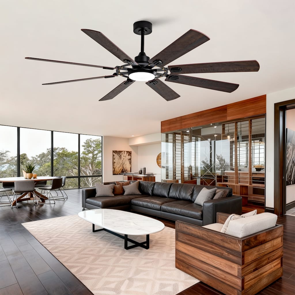 Large Ceiling Fan with Light: Modern 72-inch 8-Blade Outdoor Ceiling Fan with Remote Control - Black + Dark Walnut