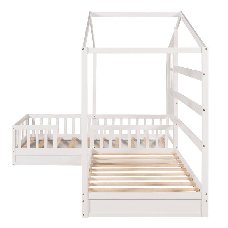 L-Shaped Twin Size Wood Platform Bed Creativity House Bed, 2 Twin Solid Bed with Fence and Slatted Frame