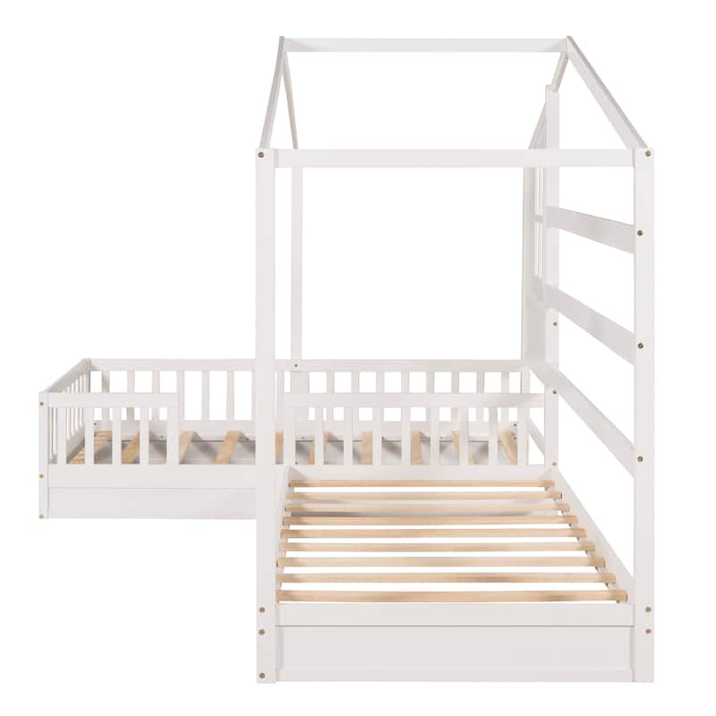 Modern Wood House 2 Twin Size Bed With Fence And Slatted Frame - White
