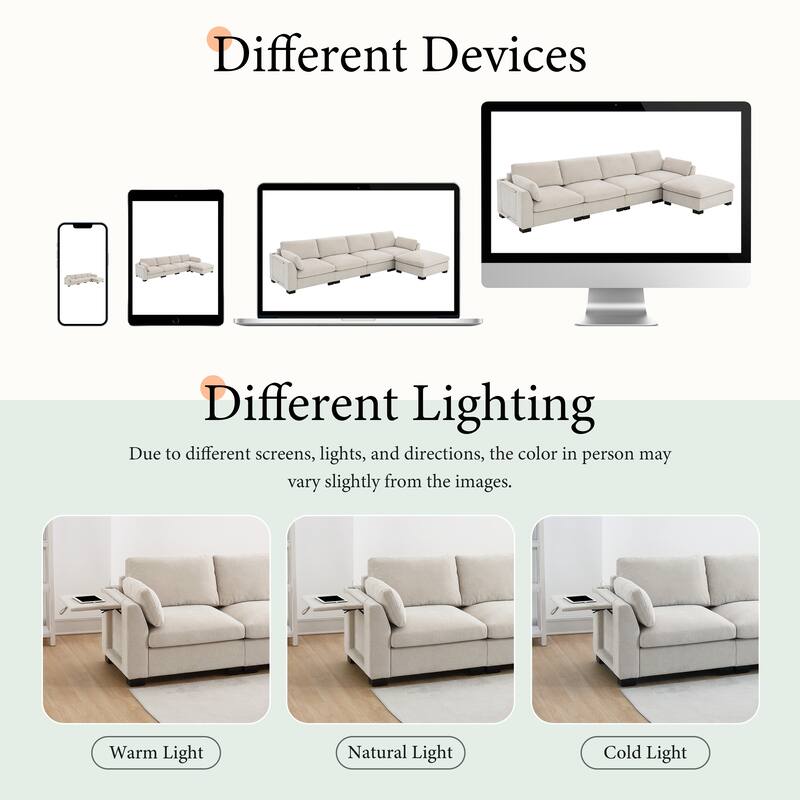 Modular L-Shaped Sectional Sofa with Foldable Table, Dual USB Charging, Side Storage Pockets and Movable Ottoman