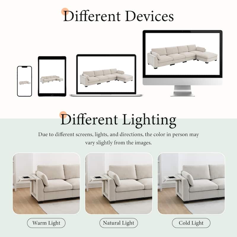 Roomfitters 130" Modular Sectional Sofa, L-Shaped Couch with Folding Table, USB Charger, Storage Pockets, Movable Ottoman