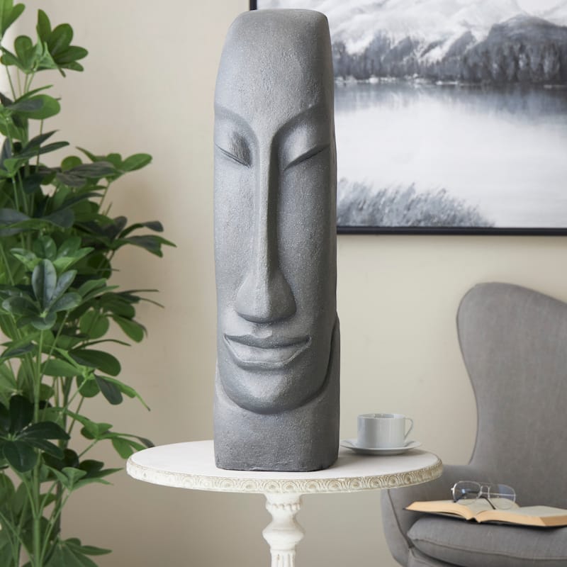 Black Resin Tall Distressed Totem Face Decorative Sculpture - Black