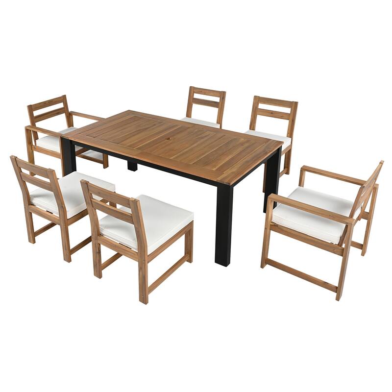 Wood Patio Dining Set with Table, 2 Armchairs & 4 Side Chairs, 7 Pcs