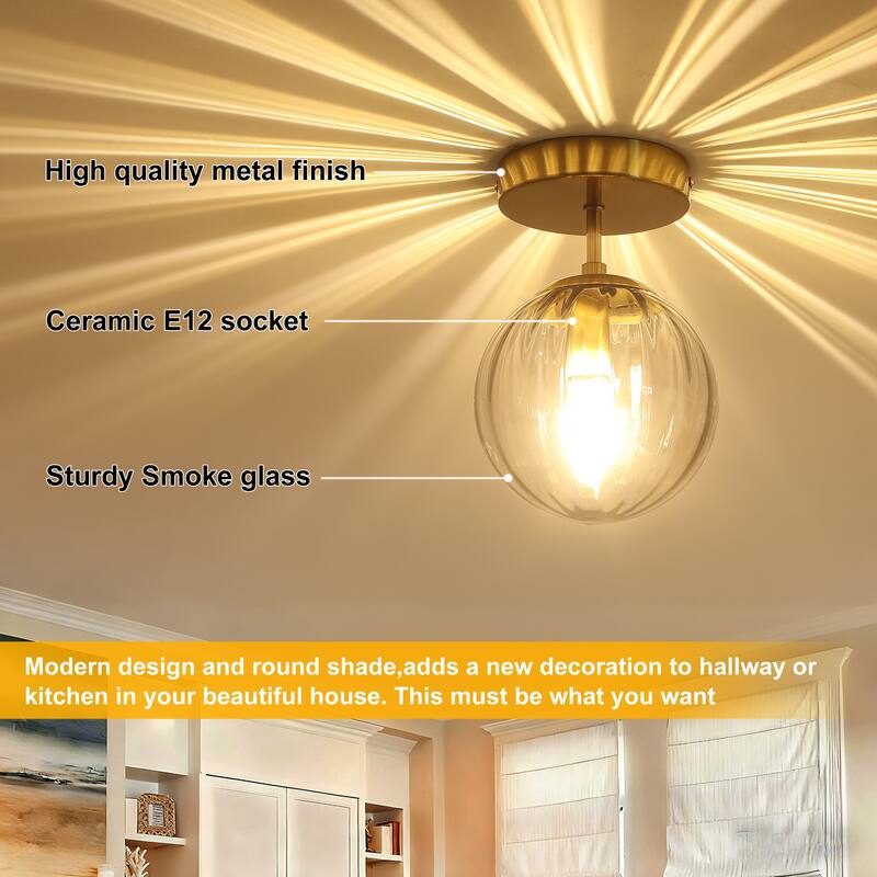 Modern Single Semi Flush Ceiling Light with Metal Base & Ribbed Gray Glass Globe Shade