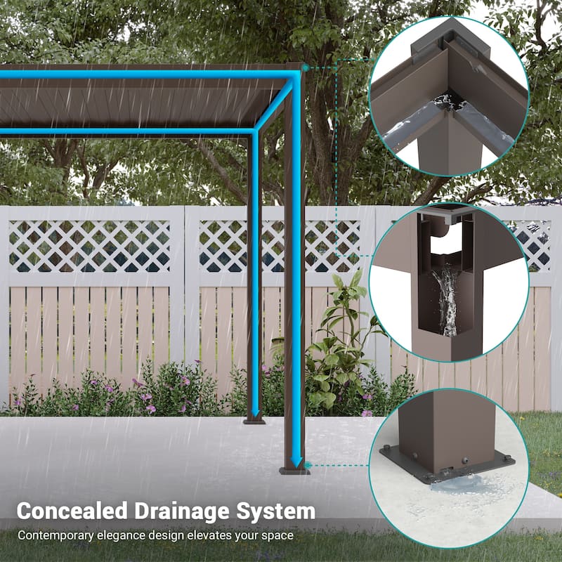 BONOSUKI Outdoor Aluminized Steel LED Louvered Pergola with Adjustable Roof, Brown