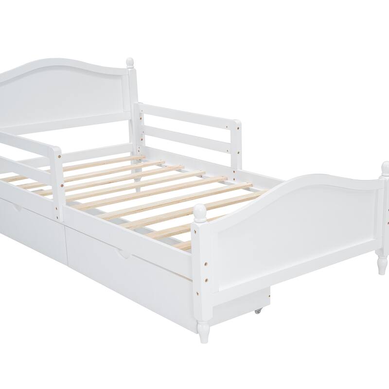 Wood Platform Bed with Guardrails on Both Sides and Two Storage Drawers