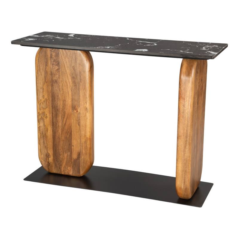 HomeRoots 43" Black and Brown Genuine Marble and Solid Wood Solid Console Table - 43.00 in. x 30.90 in. x 15.00 in.