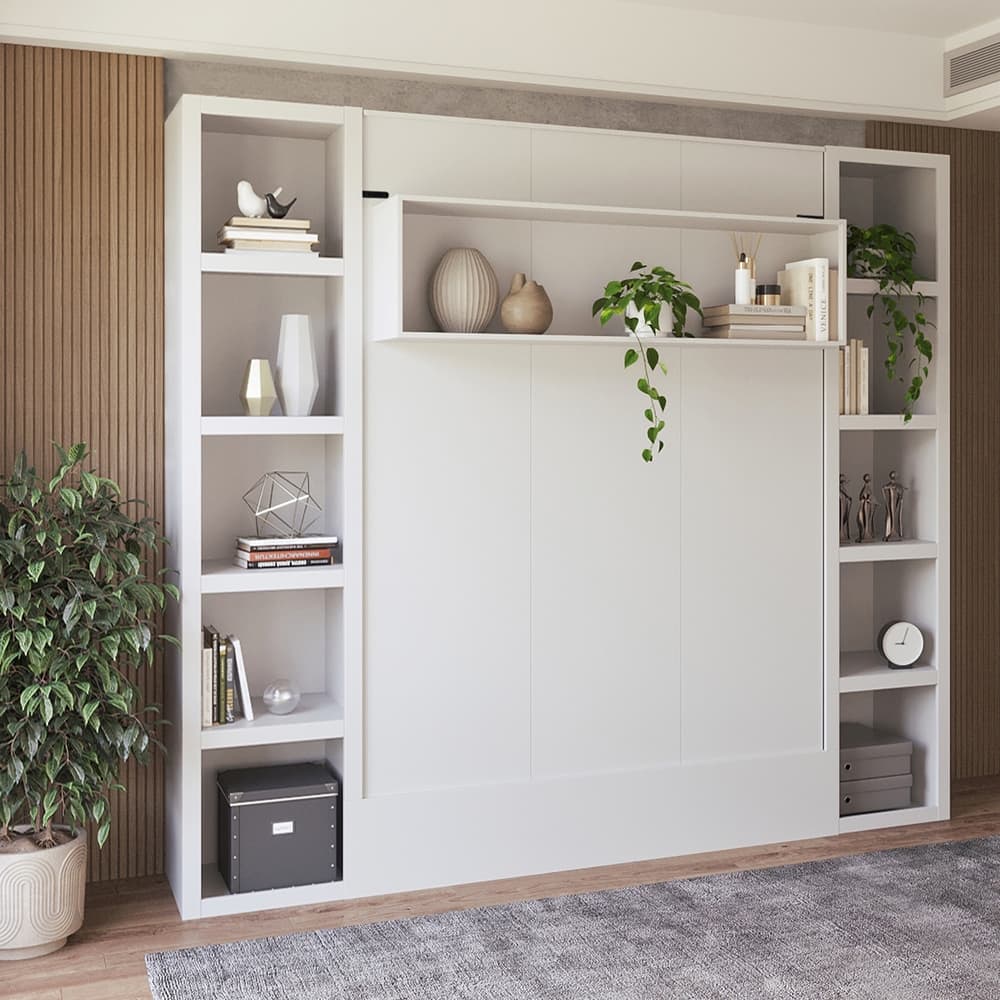 Easy-Lift Queen Murphy Wall Bed in with Two Bookshelves
