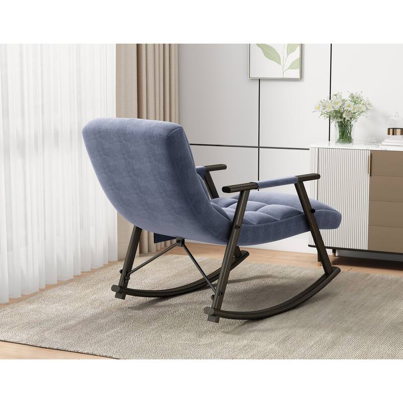 Casual folding rocking chair upholstered, lounge rocking chair adjustable high back and foot rest,side pockets placed