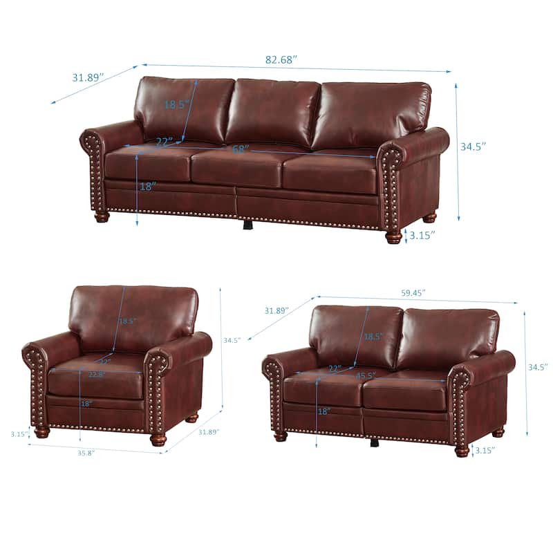 Faux Leather Sofa with Nail Accents and Under-Seat Storage - 1+2+3 Seating