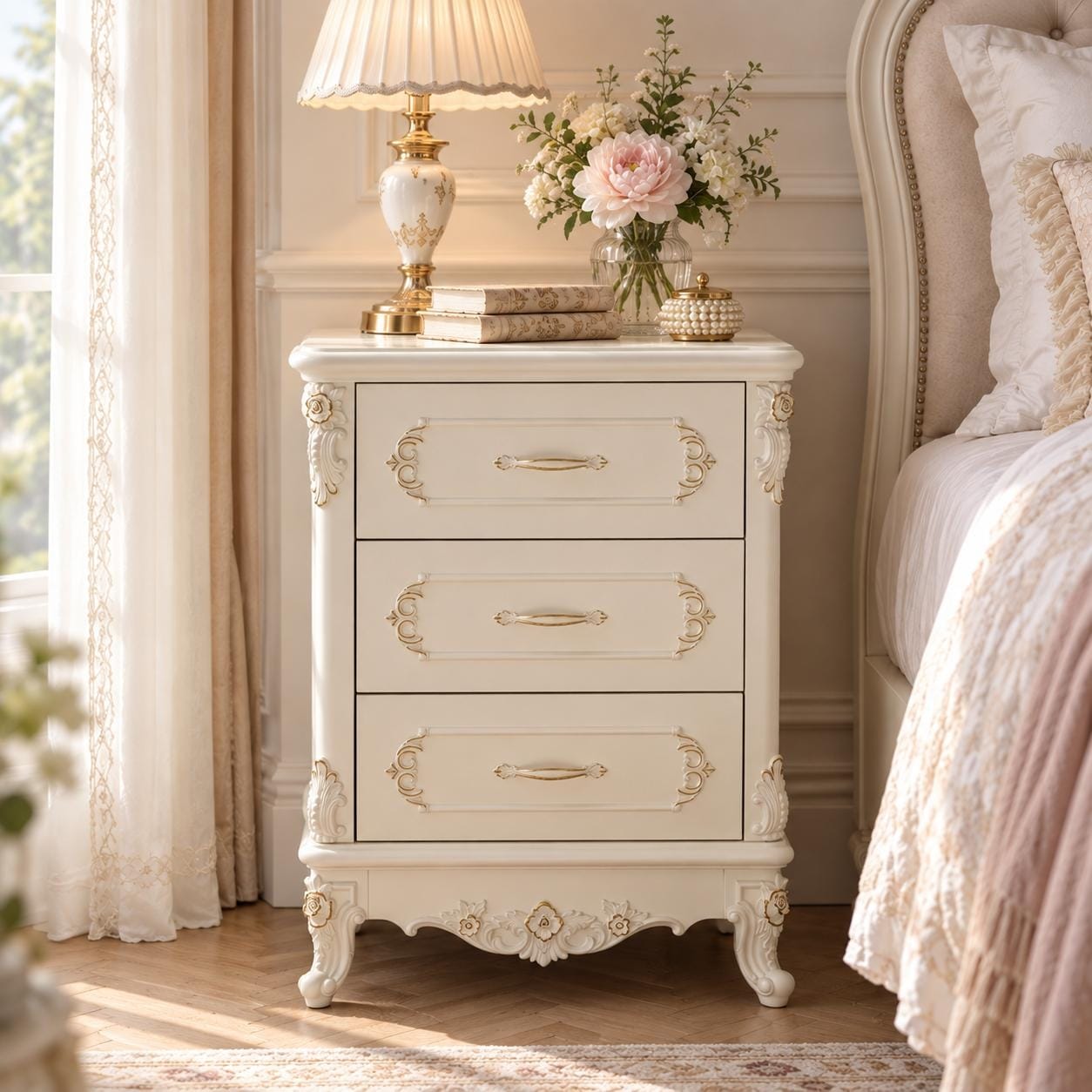 31.7" French Provincial 3 Drawer Nightstand,Bedroom Bedside Table Storage Dresser Chest