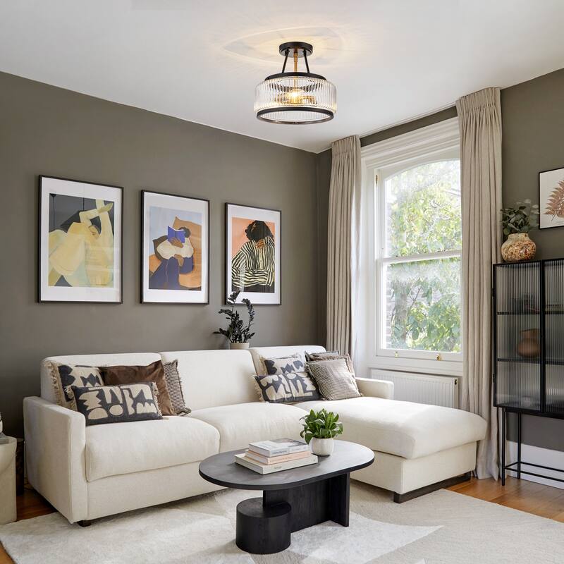 3-Light Industrial-style Black Lantern Glass Semi Flush Mount