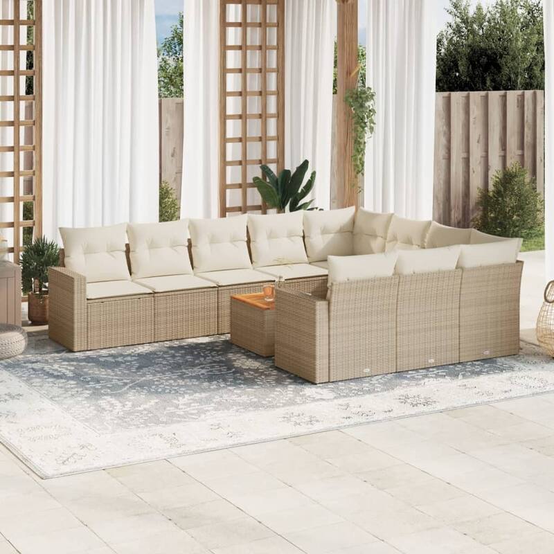 vidaXL Patio Sofa Set with Cushions Outdoor Furniture 11 Piece Poly Rattan - Beige Table + 6x middle + 2x corner - 21.7 x 21.7 x 14.6