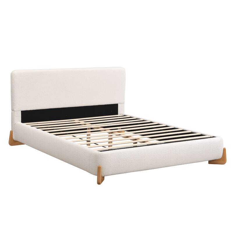 Elegant White Boucle Upholstered Frame Platform Bed, Low Profile Grounded Bed with Solid Wood Feet, Wood Slats and Support Legs