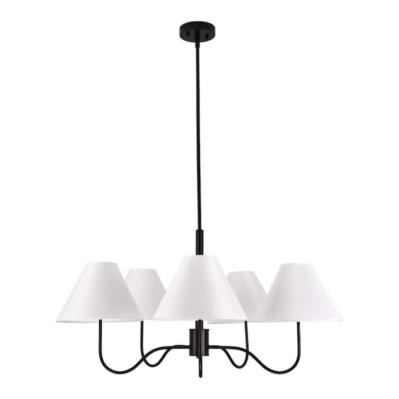 Contemporary 5 - Light Chandelier, Black Metal Frame with White Fabric Shades - Matte Black
