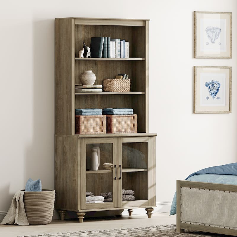 Wash Gray Bookcase with Doors, Large Wood Farmhouse Book Case Shelf - wash grey
