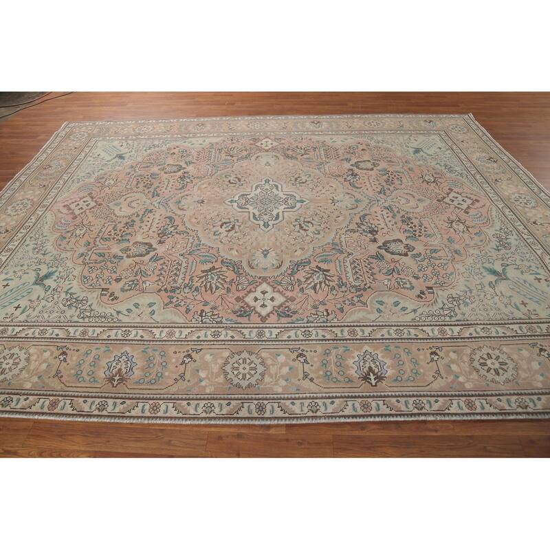 Pink Geometric Tabriz Persian Vintage Area Rug Handmade Wool Carpet - 8'8"x 11'2"