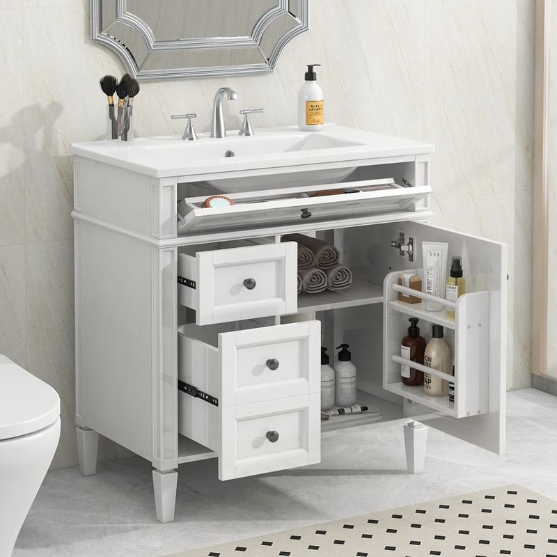 30" Modern Bathroom Vanity with Top-Mounted Sink, Featuring Two Drawers, A Tip-Out Drawer, And A Sleek Single-Sink Design .