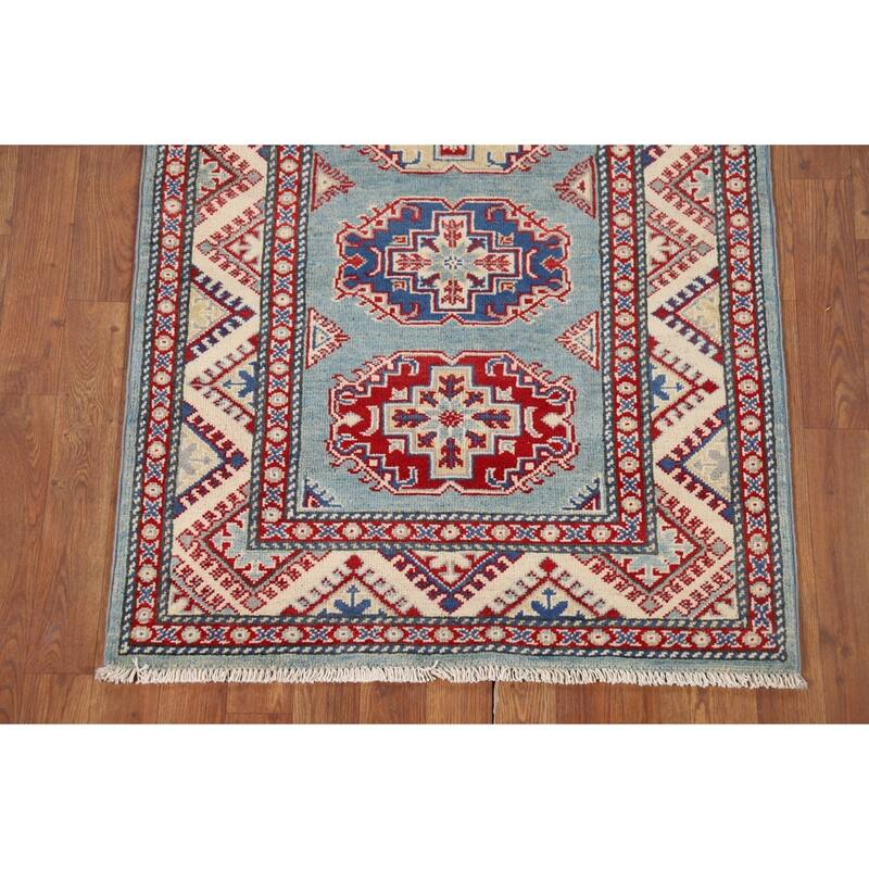 Light Blue Kazak Runner Rug Handmade Wool Carpet - 2'11" x 9'7"
