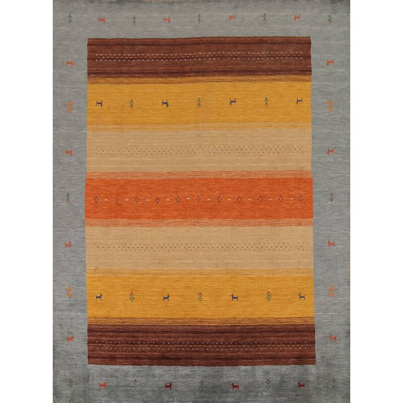 Little Animals Striped Gabbeh Oriental Area Rug Handmade Wool Carpet - 8'1"x 9'8"