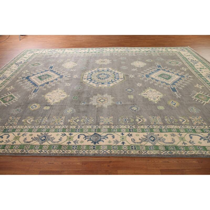 Gray Geometric Kazak Oriental Rug Living Room Handmade Wool Carpet - 9'10"x 13'1"