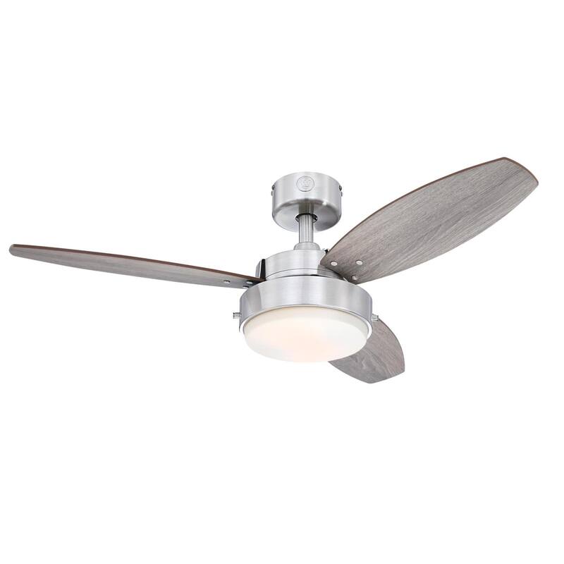 Westinghouse Lighting Alloy 3-Blade Indoor Ceiling Fan with LED Light Fixture and Opal Frosted Glass - 42 Inches - Brushed Nickel with Weathered Oak Blades
