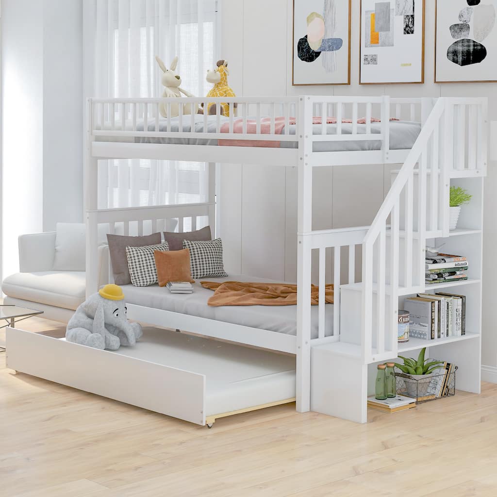 Twin Over Twin Bunk Bed with Trundle, Storage Shelves & Guardrail