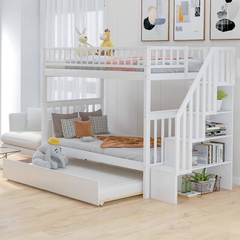 Twin over Twin Bunk Bed with Ladder and Full Guardrails Solid Wood Bunk Bed Frame with Trundle and Storage, No Box Spring Needed