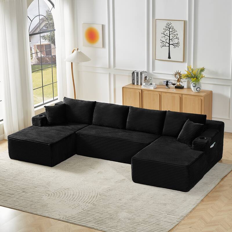 Corduroy Upholstery Cloud Modular Sectional Sofa with Chaise and Pillows, All-Foam Compression Design