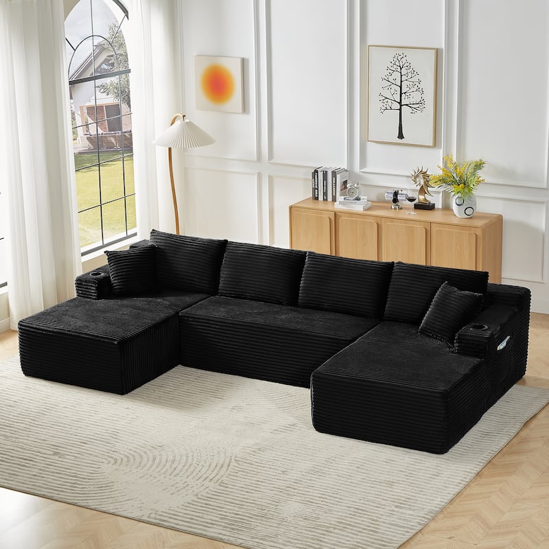 U-Shaped Modular Sectional Sofa with Dual Chaise Lounges, Corduroy Cloud Couch with Cup Holders, Compressible Deep Seat Sofa