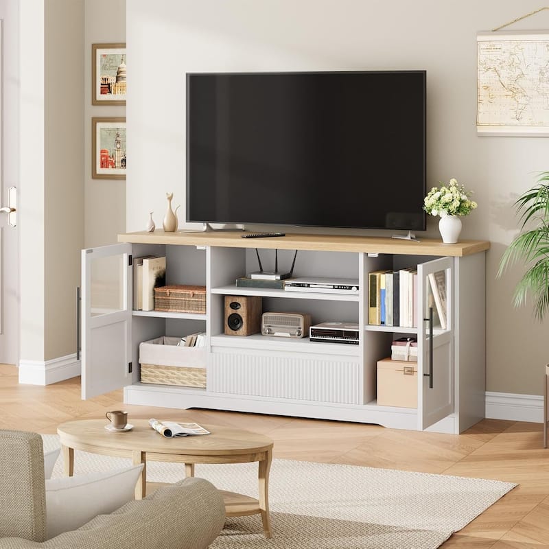 Retro TV Stand for 75 Inch TV Media Console with 2 Glass Cabinets & Open Shelves - N/A