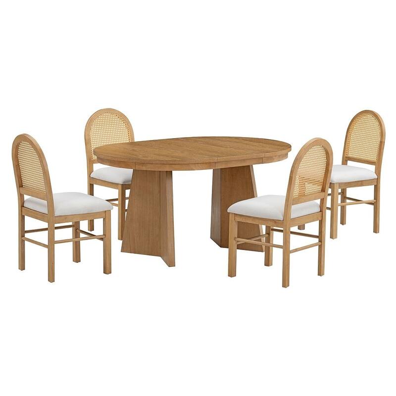 5 PCS Retro Functional Extendable Dining Set for 4 with 4 Upholstered Chairs with Rattan Backrests