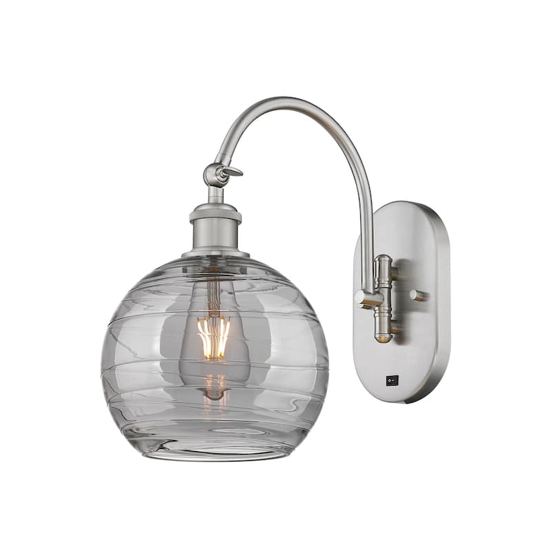 Innovations Lighting 518-1W 13 8 Athens Deco Swirl Sconce Athens Deco - Brushed Satin Nickel / Light Smoke Deco Swirl