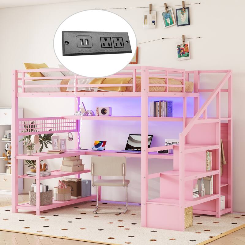 Full Size Metal Loft Bed with Staircase, Wardrobe, Desk, Storage Shelves, LED Lights, and Charge Station, Pink