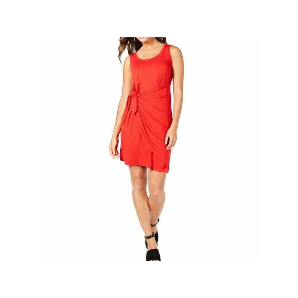 sleeveless red wrap dress