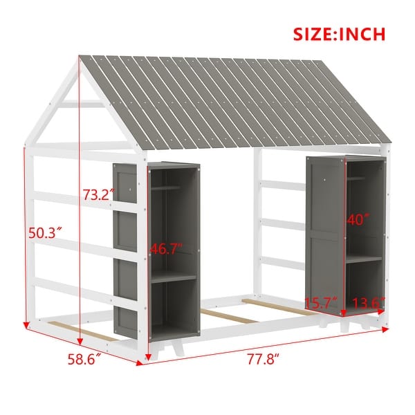 dimension image slide 0 of 2, Wooden Twin Size House Bed with Fence, Roof, and Movable Wardrobes by Harper&Bright Designs