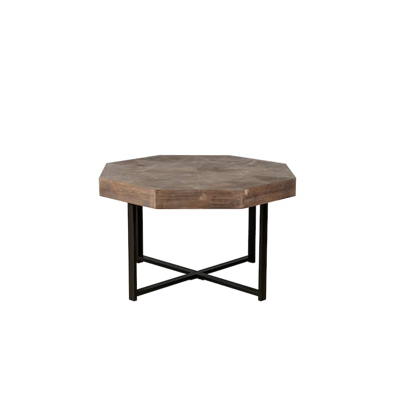Octagonal Retro Patchwork Farmhouse Coffee Table with Wooden Tabletop Cross Metal Legs, for Living Room Antique Brown