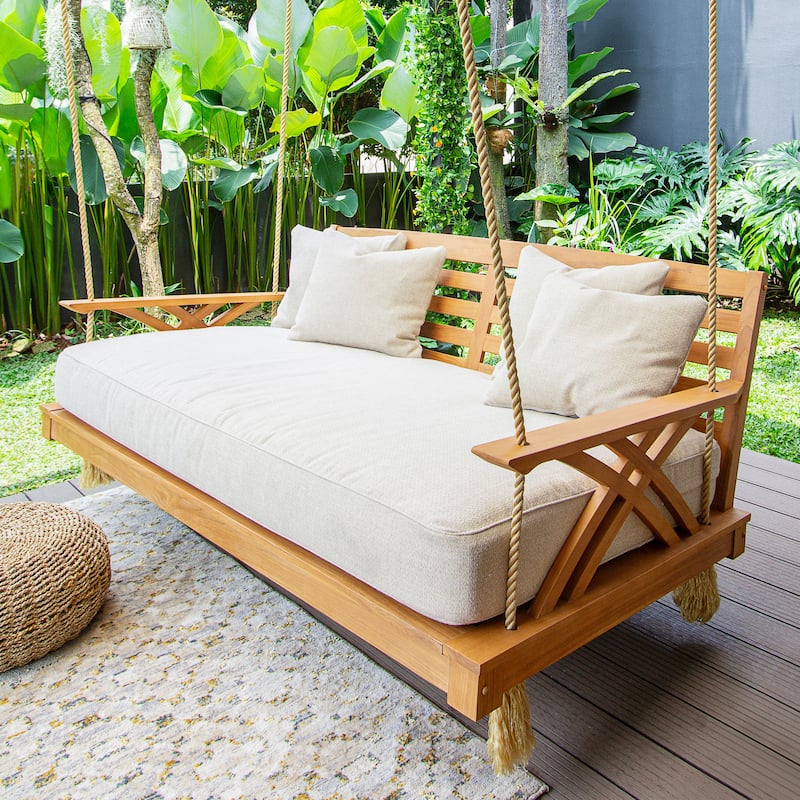 Cambridge Casual Carmel Teak Outdoor Porch Swing Daybed with Cushion - Natural Teak/Tan Cushion