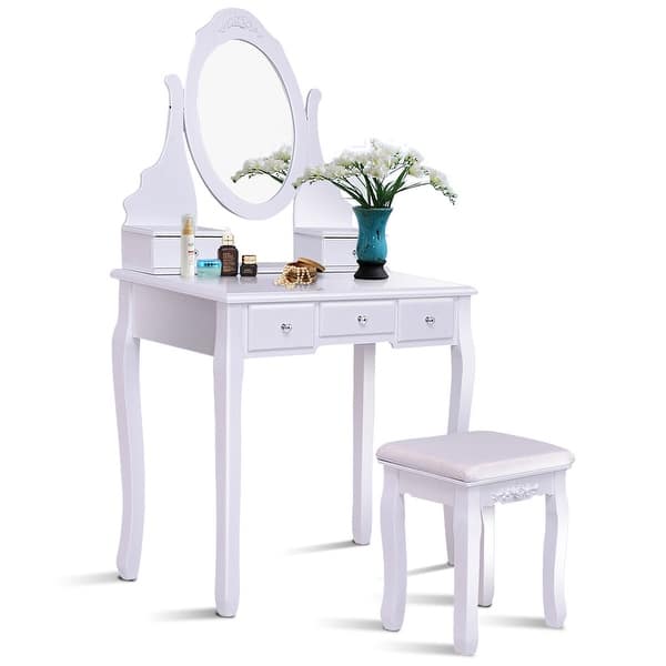 Shop Gymax Bathroom Wooden Mirrored Makeup Vanity Set Stool Table
