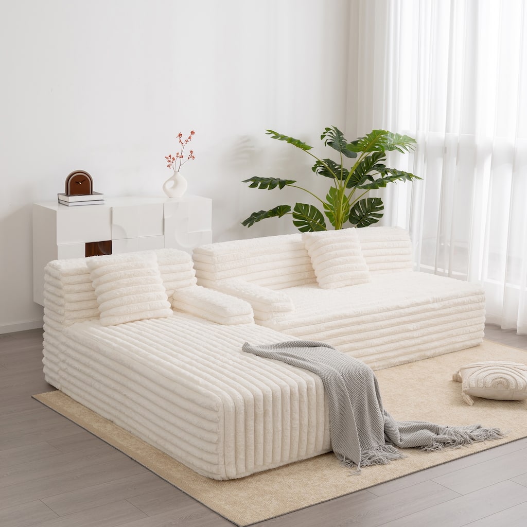 110" Free-combined Sofa, Beige, Faux Fur Upholstered