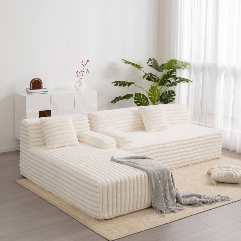 Floor Recliner Sofa Bed Convertible L-shape Sectional Sofa, Cloud Upholstered Sleeper Couch Modular Chaise Lounge with 2 Pillows - Beige