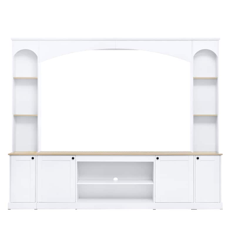 Farmhouse Arched Entertainment Center, 91" Wood Grain Media Console for 70" TVs with Bookshelf & Adjustable Shelves