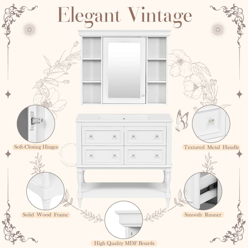 36'' Bathroom Vanity with Top Sink, Freestanding Vanity Set with Mirror Cabinet