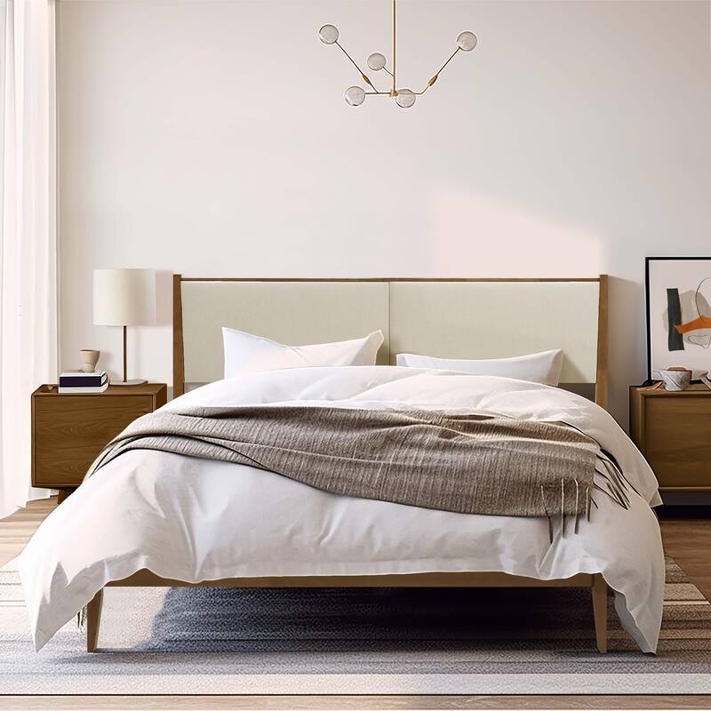 Beige Upholstered Headboard and Wood Frame Set, Queen or King