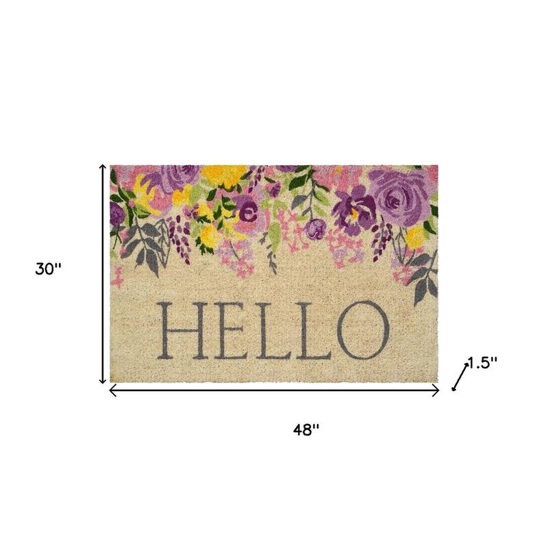 HomeRoots 30" X 48" Brown Gray And Purple Floral Hello Outdoor Coir Door Mat - 30.00' X '48.00