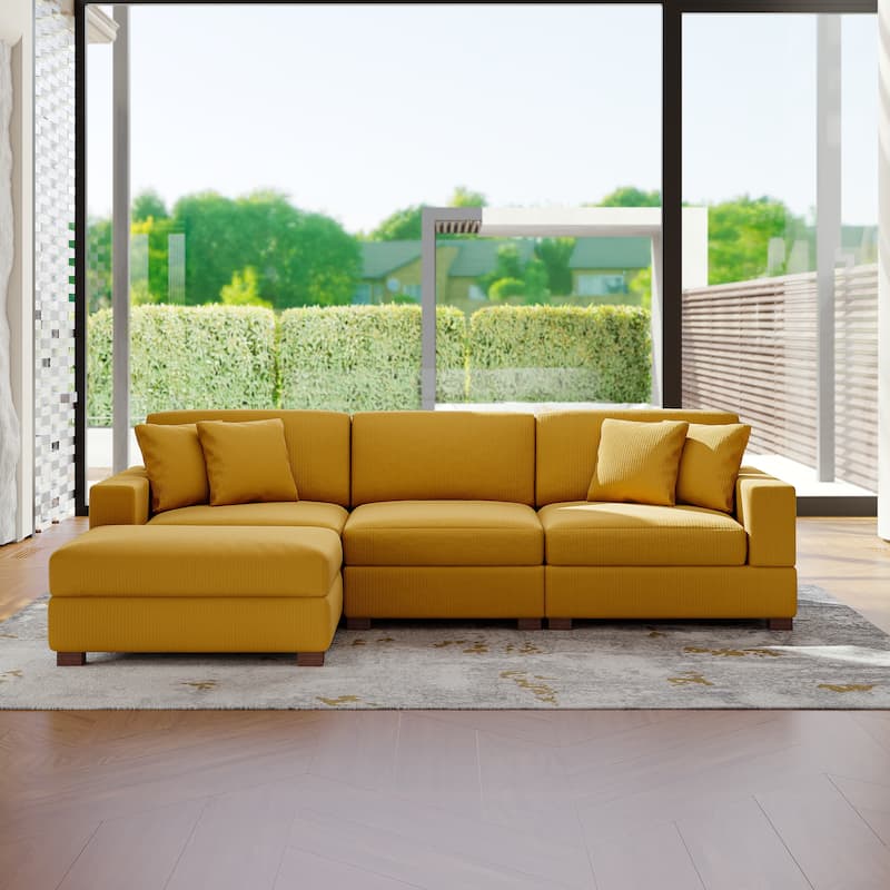 Modular Corduroy Sectional Sofa Set Chaise Couch with Ottoman